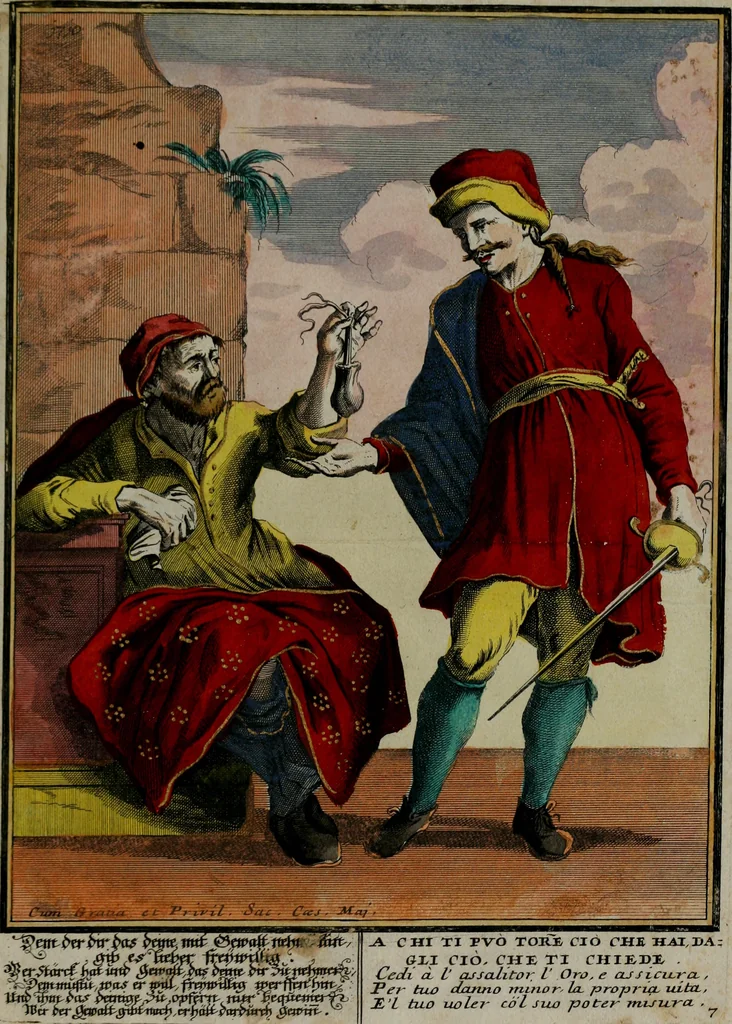 An illustration from Proverbii verificati : per l'esperienza cotidiana : come li megliori e più piacevoli informatori di massime salutifere : in 25 stampe leggiadre et espicationi dé versi, al profito d'ogni uno = Durch di tägliche Erfahrung beglaubt gemachte Sprich Wörter ..., 1718, leaf 18