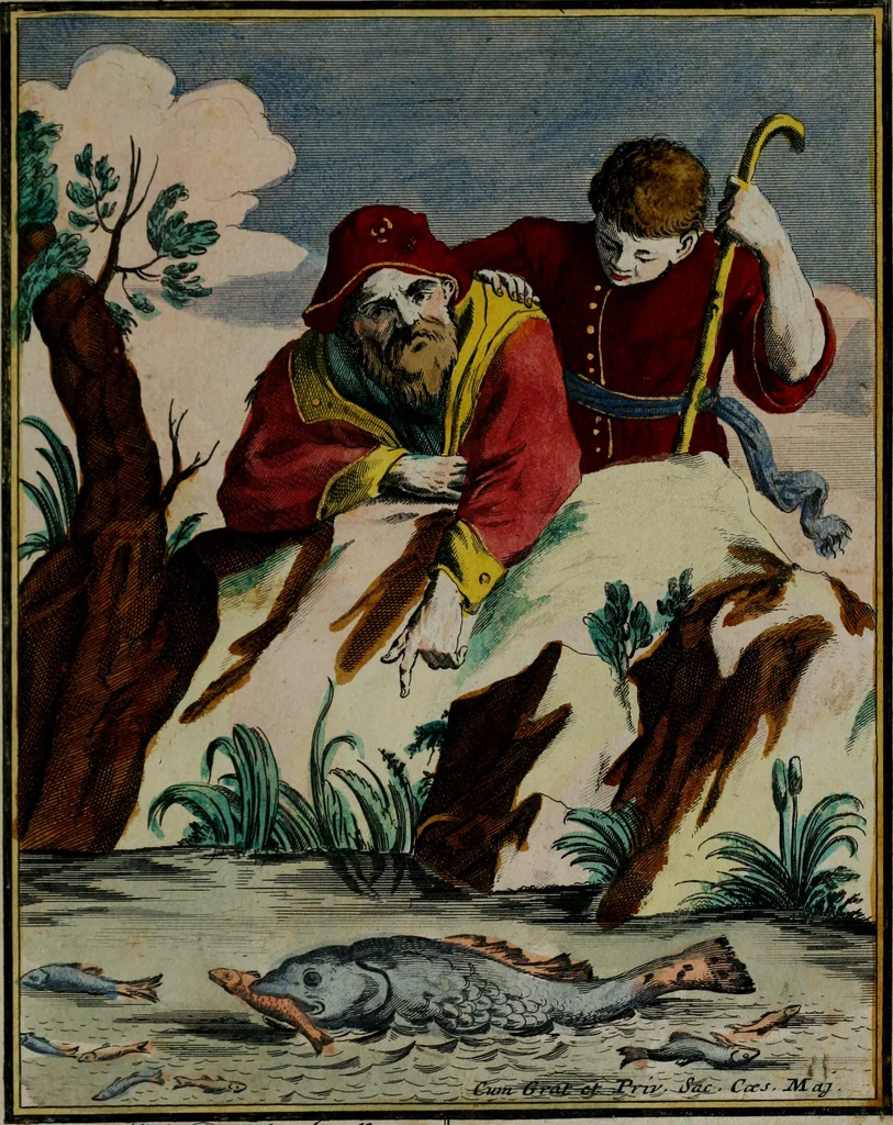 An illustration from Proverbii verificati : per l'esperienza cotidiana : come li megliori e più piacevoli informatori di massime salutifere : in 25 stampe leggiadre et espicationi dé versi, al profito d'ogni uno = Durch di tägliche Erfahrung beglaubt gemachte Sprich Wörter ..., 1718, leaf 34