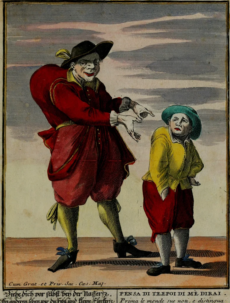 An illustration from Proverbii verificati : per l'esperienza cotidiana : come li megliori e più piacevoli informatori di massime salutifere : in 25 stampe leggiadre et espicationi dé versi, al profito d'ogni uno = Durch di tägliche Erfahrung beglaubt gemachte Sprich Wörter ..., 1718, leaf 42
