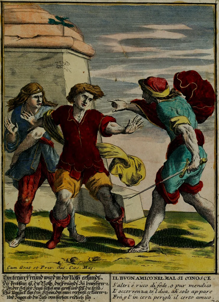 An illustration from Proverbii verificati : per l'esperienza cotidiana : come li megliori e più piacevoli informatori di massime salutifere : in 25 stampe leggiadre et espicationi dé versi, al profito d'ogni uno = Durch di tägliche Erfahrung beglaubt gemachte Sprich Wörter ..., 1718, leaf 44