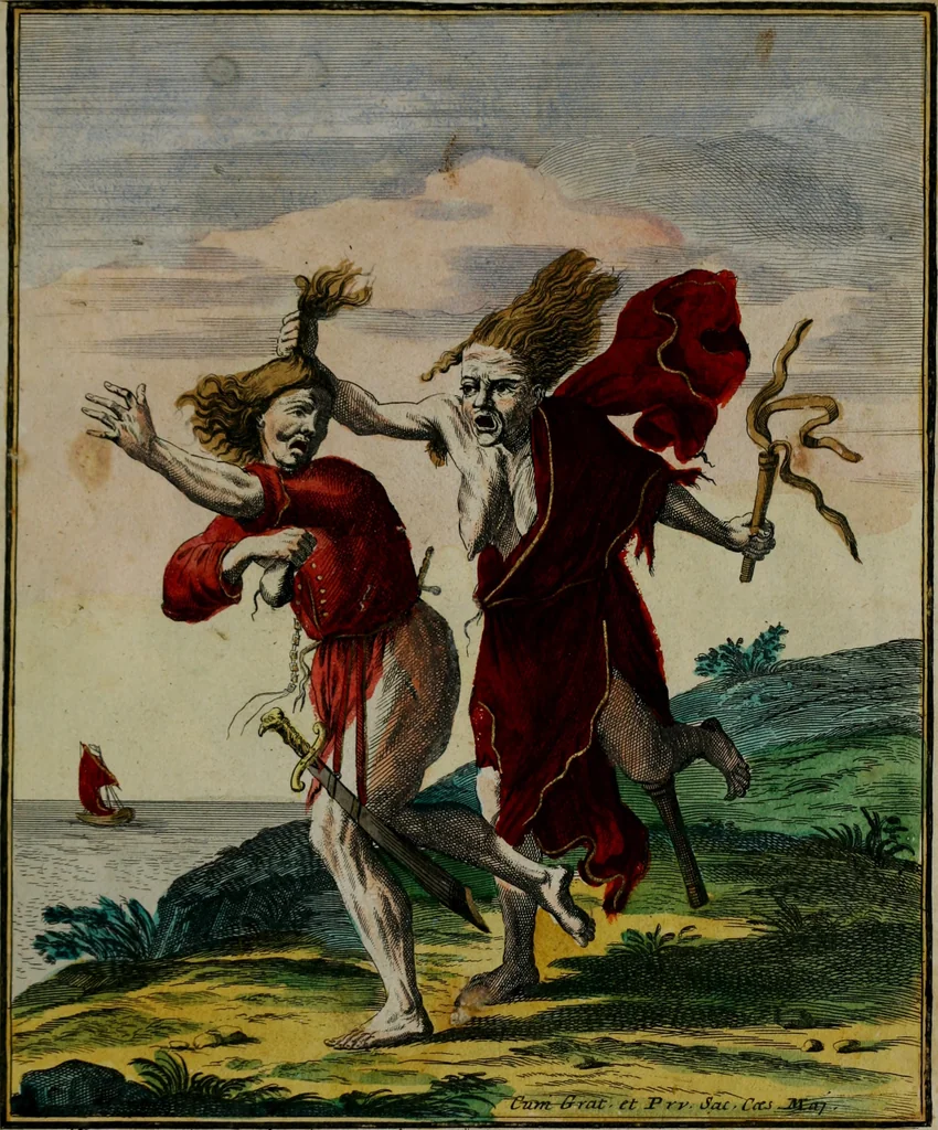 An illustration from Proverbii verificati : per l'esperienza cotidiana : come li megliori e più piacevoli informatori di massime salutifere : in 25 stampe leggiadre et espicationi dé versi, al profito d'ogni uno = Durch di tägliche Erfahrung beglaubt gemachte Sprich Wörter ..., 1718, leaf 48