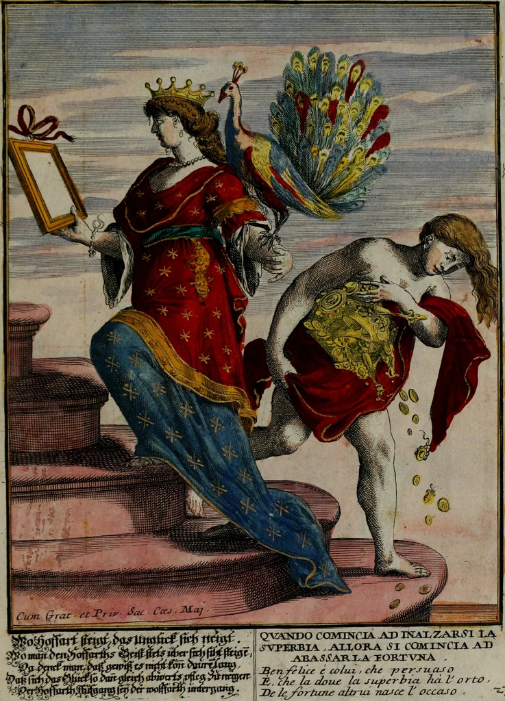 An illustration from Proverbii verificati : per l'esperienza cotidiana : come li megliori e più piacevoli informatori di massime salutifere : in 25 stampe leggiadre et espicationi dé versi, al profito d'ogni uno = Durch di tägliche Erfahrung beglaubt gemachte Sprich Wörter ..., 1718, leaf 50