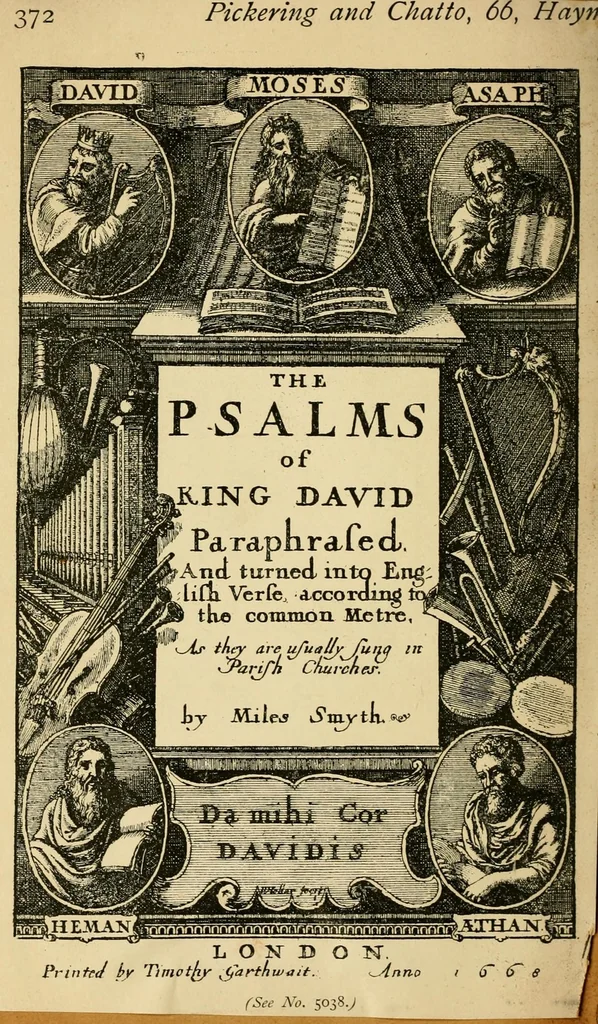 An illustration from The Psalms of King David paraphrased, and turned into English verse, according to the common metre, as they are usually sung in parish-churches, 1668, leaf 396