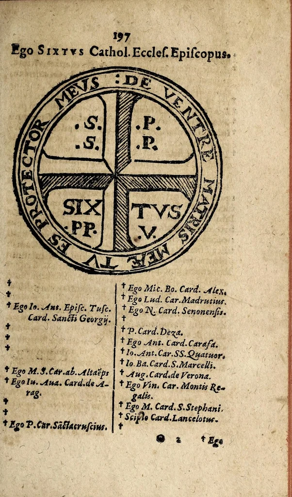 An illustration from P. Sixti V. Fvlmen brvtvm In Henricvm sereniss. Regem Nauarræ, & illustriss. Henricvm Borbonium, Principem olim Condæum, euibratum. Cuius multiplex nullitas ex protestatione patet. Cui, præter alia, subiuncta est Disputatio Roberti Bellarminii Soc. Ies. de Primatu Episcopi Rom. & ad eam Responsio. Item Alciati, Cviacii, & Hotomani Coniecturæ de falsitate l. inter claras 8. C. de Summ. Trinit. Cum Synopsi & Indice necessario ..., 1603, leaf 215