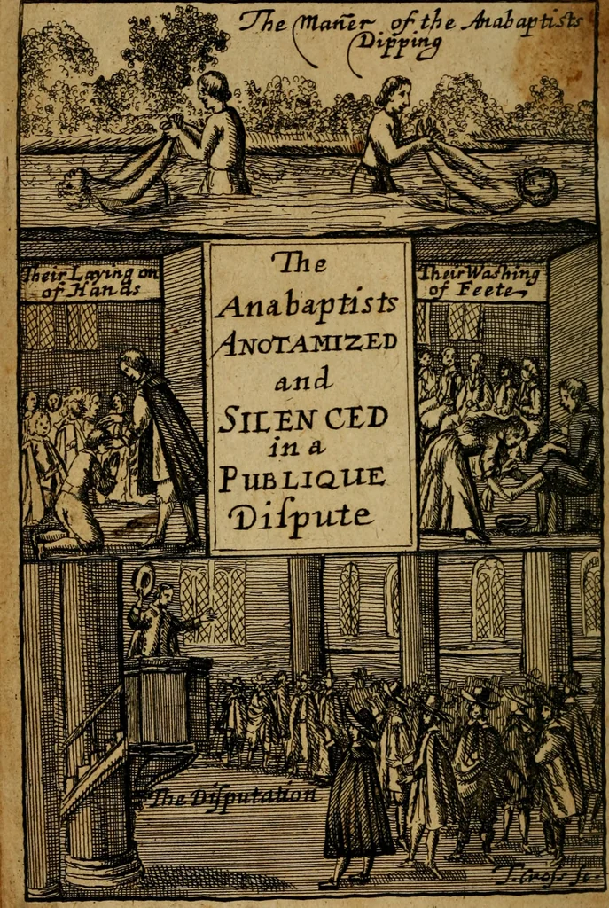An illustration from A publick dispute betwixt John Tombs ... respondent, John Cragge and Henry Vaughan ... opponents, touching infant-baptism, the fifth of September, 1653 ... : occasioned by a sermon preached ... by Mr. Tombs, upon St. Mark 16.16 ... : also a sermon preached by Mr. Cragge ... upon the same text : wherein the necessity of dipping is refuted and infant-baptism asserted, 1654, leaf 7