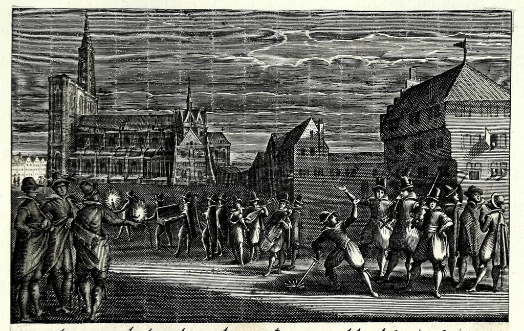 An illustration from Pugillus facetiarum iconographicaru[m] in studiosorum potissimum gratiam ex propijs eorundem albis desumptarum et iam primum hac forma editarum = Allerhand kurtzweilige Stücklein, allen Studenten furnemblich zu lieb auss ihren eigenen Stammbüchern zusamen gelesen und in dise Form gebracht zu Strasburg, 1618, leaf 15