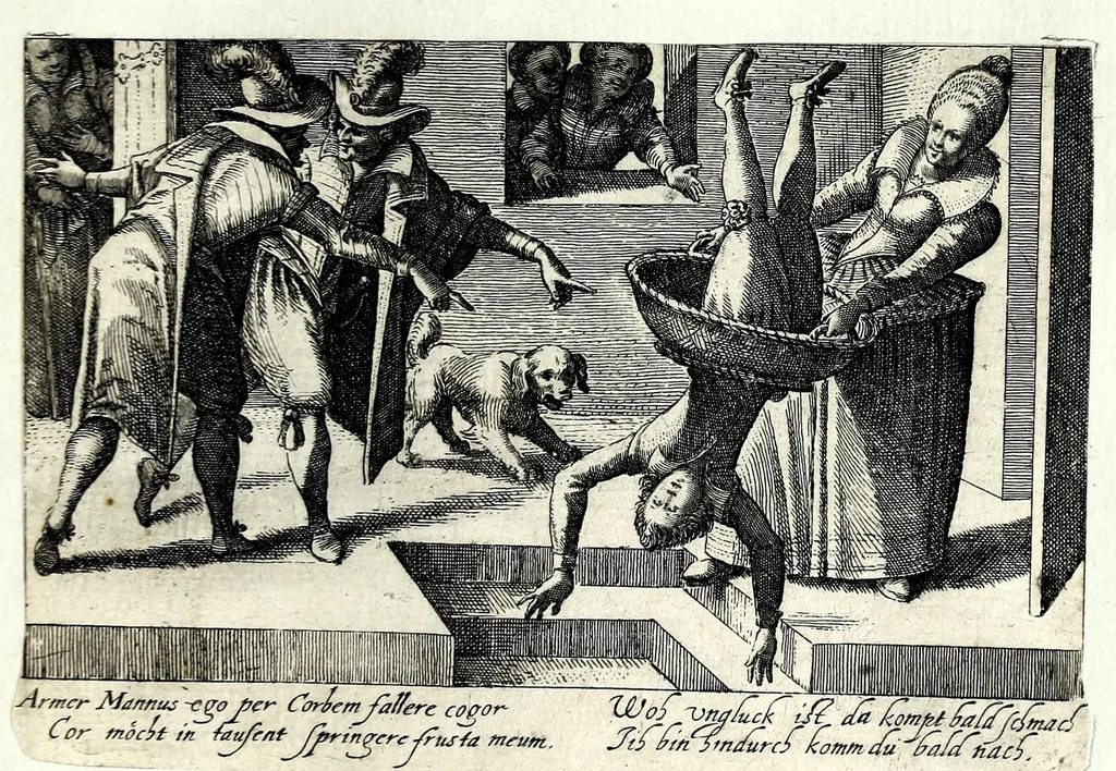 An illustration from Pugillus facetiarum iconographicaru[m] in studiosorum potissimum gratiam ex propijs eorundem albis desumptarum et iam primum hac forma editarum = Allerhand kurtzweilige Stücklein, allen Studenten furnemblich zu lieb auss ihren eigenen Stammbüchern zusamen gelesen und in dise Form gebracht zu Strasburg, 1618, leaf 31