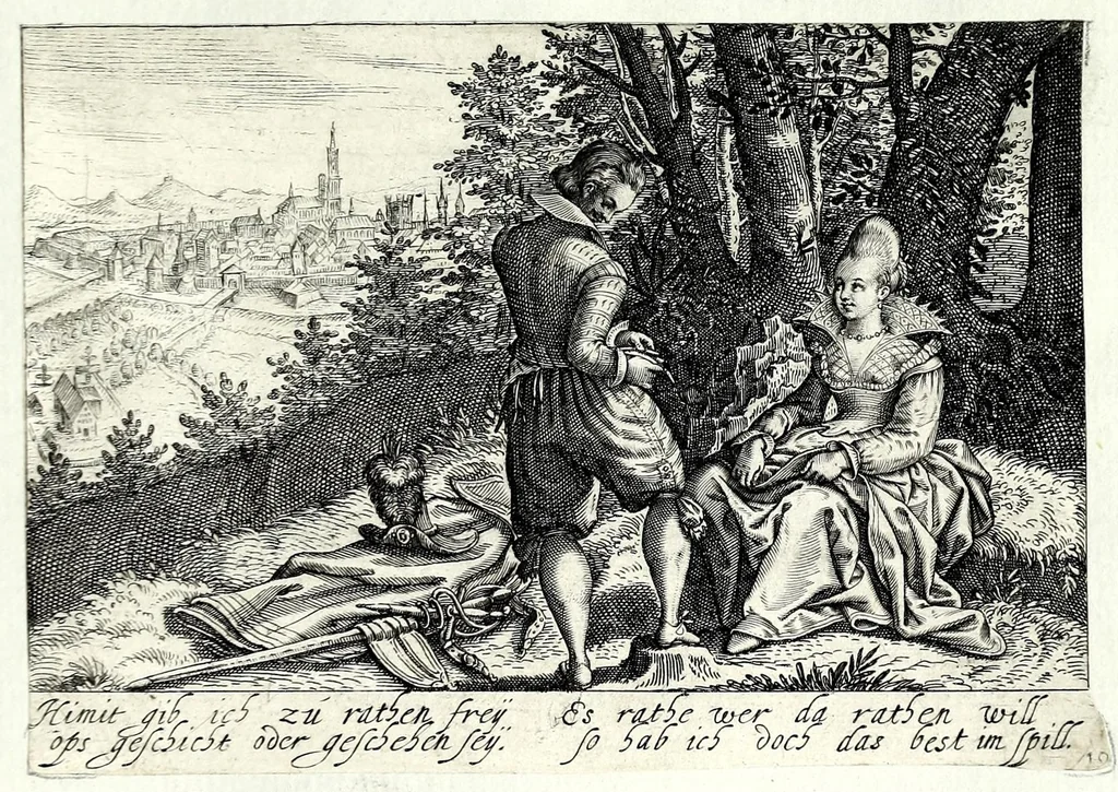 An illustration from Pugillus facetiarum iconographicaru[m] in studiosorum potissimum gratiam ex propijs eorundem albis desumptarum et iam primum hac forma editarum = Allerhand kurtzweilige Stücklein, allen Studenten furnemblich zu lieb auss ihren eigenen Stammbüchern zusamen gelesen und in dise Form gebracht zu Strasburg, 1618, leaf 43