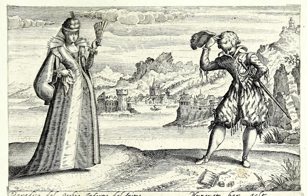 An illustration from Pugillus facetiarum iconographicaru[m] in studiosorum potissimum gratiam ex propijs eorundem albis desumptarum et iam primum hac forma editarum = Allerhand kurtzweilige Stücklein, allen Studenten furnemblich zu lieb auss ihren eigenen Stammbüchern zusamen gelesen und in dise Form gebracht zu Strasburg, 1618, leaf 53