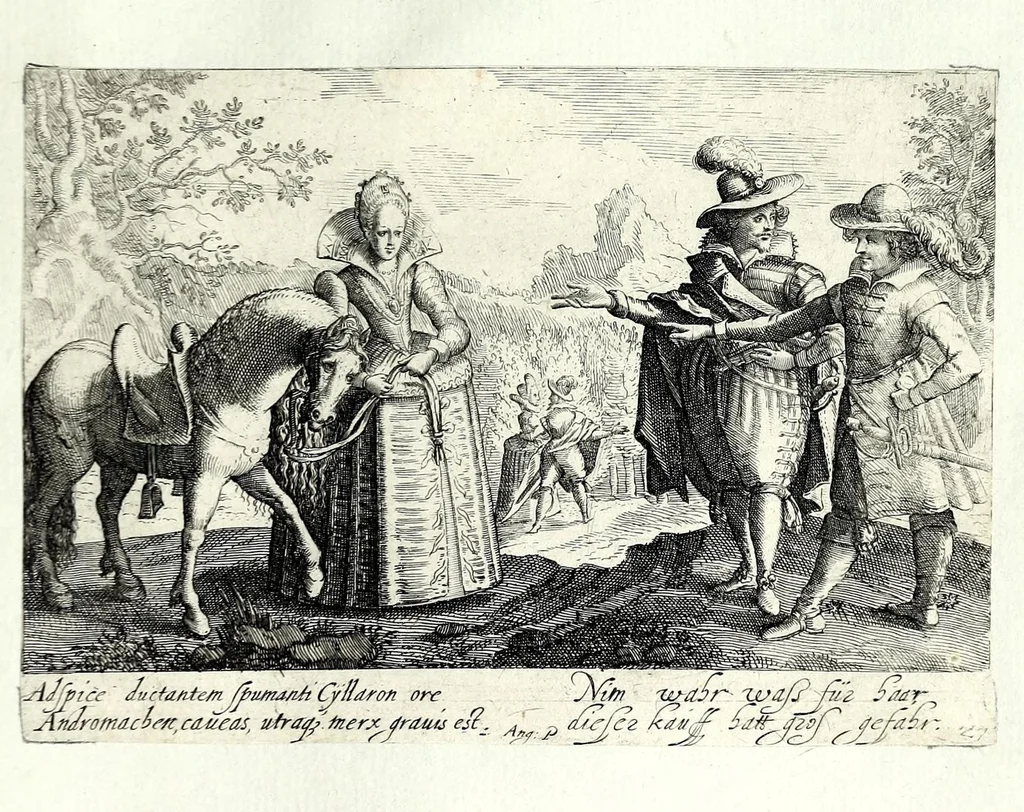 An illustration from Pugillus facetiarum iconographicaru[m] in studiosorum potissimum gratiam ex propijs eorundem albis desumptarum et iam primum hac forma editarum = Allerhand kurtzweilige Stücklein, allen Studenten furnemblich zu lieb auss ihren eigenen Stammbüchern zusamen gelesen und in dise Form gebracht zu Strasburg, 1618, leaf 59