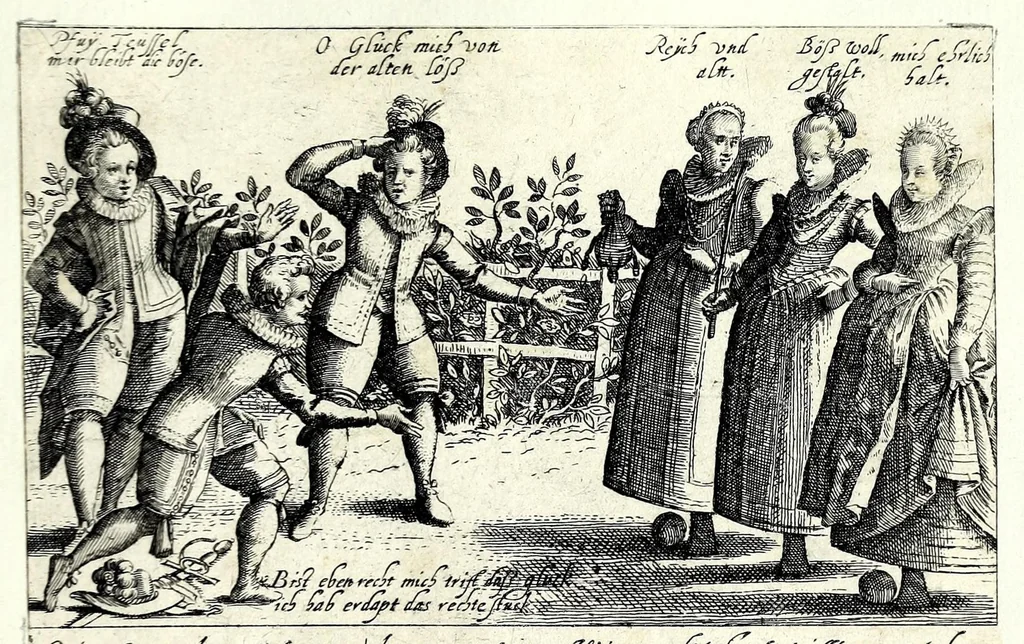 An illustration from Pugillus facetiarum iconographicaru[m] in studiosorum potissimum gratiam ex propijs eorundem albis desumptarum et iam primum hac forma editarum = Allerhand kurtzweilige Stücklein, allen Studenten furnemblich zu lieb auss ihren eigenen Stammbüchern zusamen gelesen und in dise Form gebracht zu Strasburg, 1618, leaf 61