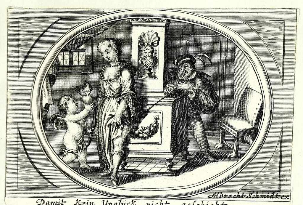 An illustration from Pugillus facetiarum iconographicaru[m] in studiosorum potissimum gratiam ex propijs eorundem albis desumptarum et iam primum hac forma editarum = Allerhand kurtzweilige Stücklein, allen Studenten furnemblich zu lieb auss ihren eigenen Stammbüchern zusamen gelesen und in dise Form gebracht zu Strasburg, 1618, leaf 85
