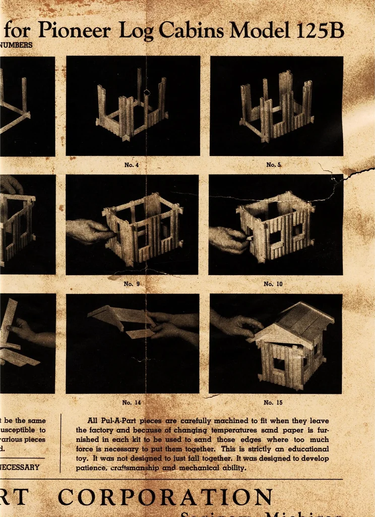 An illustration from Photographic assembling instructions for pioneer log cabin models 125B., 1930, leaf 1