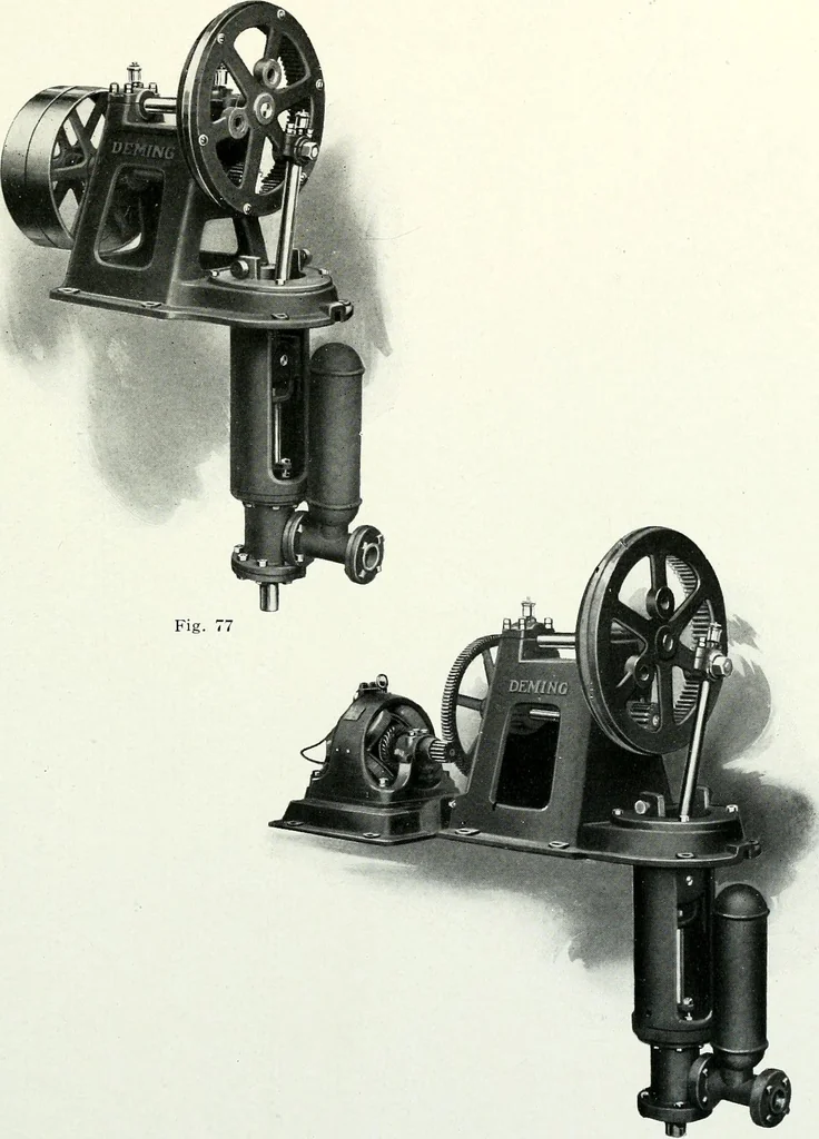 An illustration from Pumping machinery : for operation by any power : single and double acting triplex pumps for various services, deep well power working heads, artesian well cylinders, rotary and centrifugal pumps manufactured by the Deming Company, Salem, Ohio, U.S.A, 1915, leaf 100