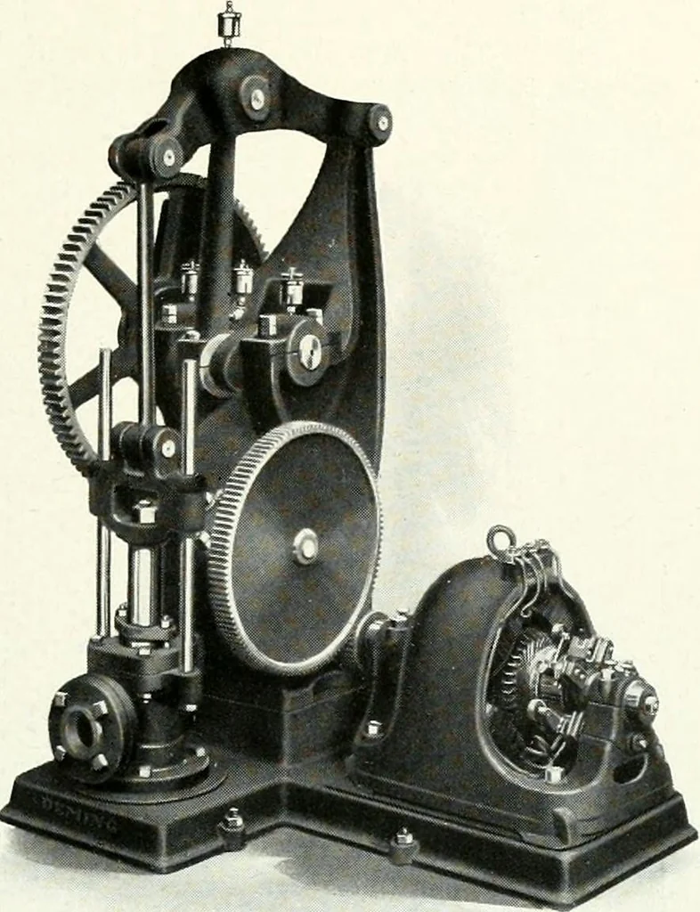 An illustration from Pumping machinery : for operation by any power : single and double acting triplex pumps for various services, deep well power working heads, artesian well cylinders, rotary and centrifugal pumps manufactured by the Deming Company, Salem, Ohio, U.S.A, 1915, leaf 102