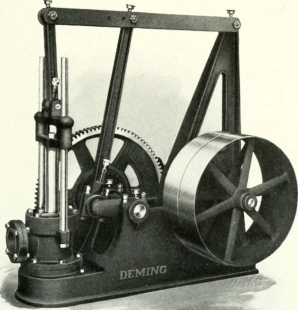 An illustration from Pumping machinery : for operation by any power : single and double acting triplex pumps for various services, deep well power working heads, artesian well cylinders, rotary and centrifugal pumps manufactured by the Deming Company, Salem, Ohio, U.S.A, 1915, leaf 104