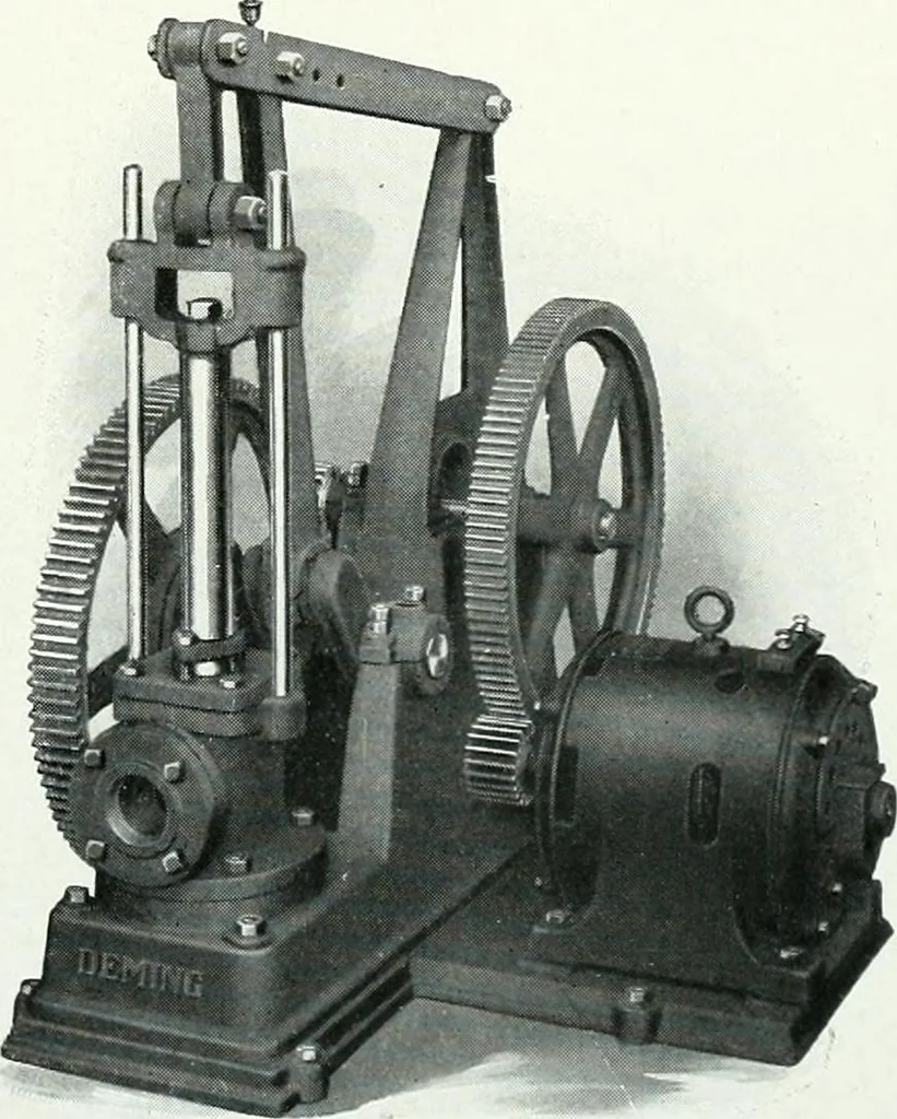 An illustration from Pumping machinery : for operation by any power : single and double acting triplex pumps for various services, deep well power working heads, artesian well cylinders, rotary and centrifugal pumps manufactured by the Deming Company, Salem, Ohio, U.S.A, 1915, leaf 104