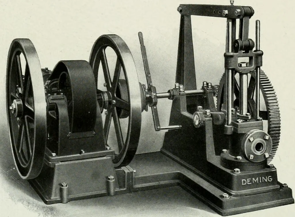 An illustration from Pumping machinery : for operation by any power : single and double acting triplex pumps for various services, deep well power working heads, artesian well cylinders, rotary and centrifugal pumps manufactured by the Deming Company, Salem, Ohio, U.S.A, 1915, leaf 105