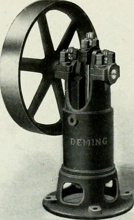 An illustration from Pumping machinery : for operation by any power : single and double acting triplex pumps for various services, deep well power working heads, artesian well cylinders, rotary and centrifugal pumps manufactured by the Deming Company, Salem, Ohio, U.S.A, 1915, leaf 115