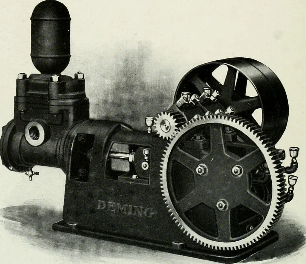 An illustration from Pumping machinery : for operation by any power : single and double acting triplex pumps for various services, deep well power working heads, artesian well cylinders, rotary and centrifugal pumps manufactured by the Deming Company, Salem, Ohio, U.S.A, 1915, leaf 125