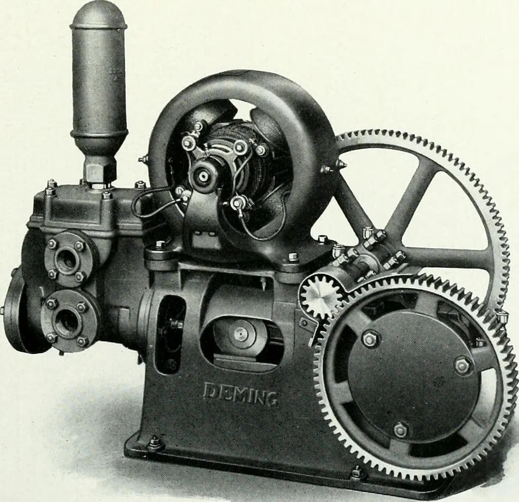 An illustration from Pumping machinery : for operation by any power : single and double acting triplex pumps for various services, deep well power working heads, artesian well cylinders, rotary and centrifugal pumps manufactured by the Deming Company, Salem, Ohio, U.S.A, 1915, leaf 126