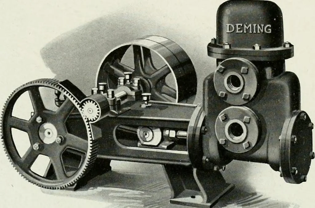 An illustration from Pumping machinery : for operation by any power : single and double acting triplex pumps for various services, deep well power working heads, artesian well cylinders, rotary and centrifugal pumps manufactured by the Deming Company, Salem, Ohio, U.S.A, 1915, leaf 127