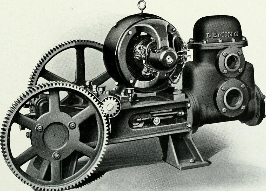 An illustration from Pumping machinery : for operation by any power : single and double acting triplex pumps for various services, deep well power working heads, artesian well cylinders, rotary and centrifugal pumps manufactured by the Deming Company, Salem, Ohio, U.S.A, 1915, leaf 128