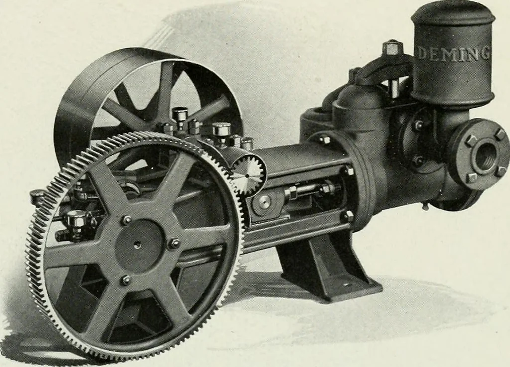 An illustration from Pumping machinery : for operation by any power : single and double acting triplex pumps for various services, deep well power working heads, artesian well cylinders, rotary and centrifugal pumps manufactured by the Deming Company, Salem, Ohio, U.S.A, 1915, leaf 129