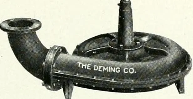 An illustration from Pumping machinery : for operation by any power : single and double acting triplex pumps for various services, deep well power working heads, artesian well cylinders, rotary and centrifugal pumps manufactured by the Deming Company, Salem, Ohio, U.S.A, 1915, leaf 132