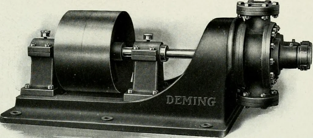 An illustration from Pumping machinery : for operation by any power : single and double acting triplex pumps for various services, deep well power working heads, artesian well cylinders, rotary and centrifugal pumps manufactured by the Deming Company, Salem, Ohio, U.S.A, 1915, leaf 135