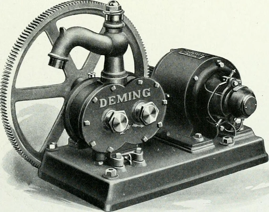 An illustration from Pumping machinery : for operation by any power : single and double acting triplex pumps for various services, deep well power working heads, artesian well cylinders, rotary and centrifugal pumps manufactured by the Deming Company, Salem, Ohio, U.S.A, 1915, leaf 138