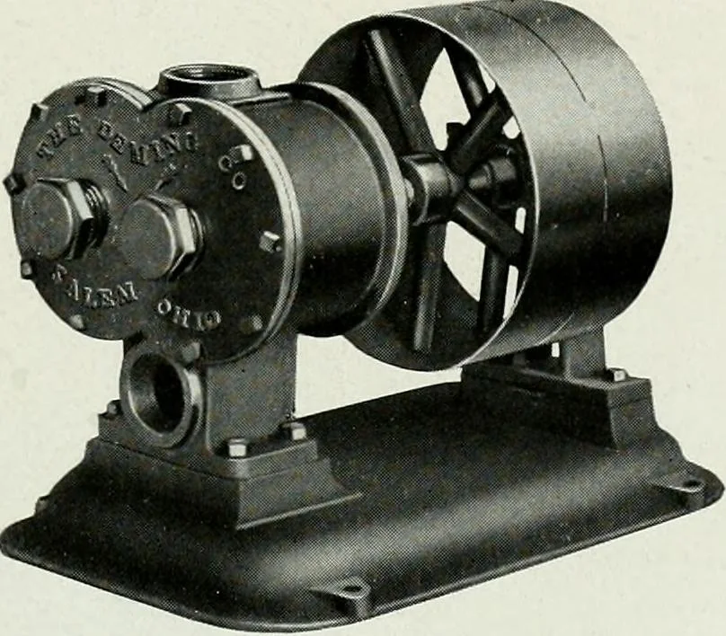 An illustration from Pumping machinery : for operation by any power : single and double acting triplex pumps for various services, deep well power working heads, artesian well cylinders, rotary and centrifugal pumps manufactured by the Deming Company, Salem, Ohio, U.S.A, 1915, leaf 139