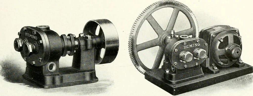 An illustration from Pumping machinery : for operation by any power : single and double acting triplex pumps for various services, deep well power working heads, artesian well cylinders, rotary and centrifugal pumps manufactured by the Deming Company, Salem, Ohio, U.S.A, 1915, leaf 140