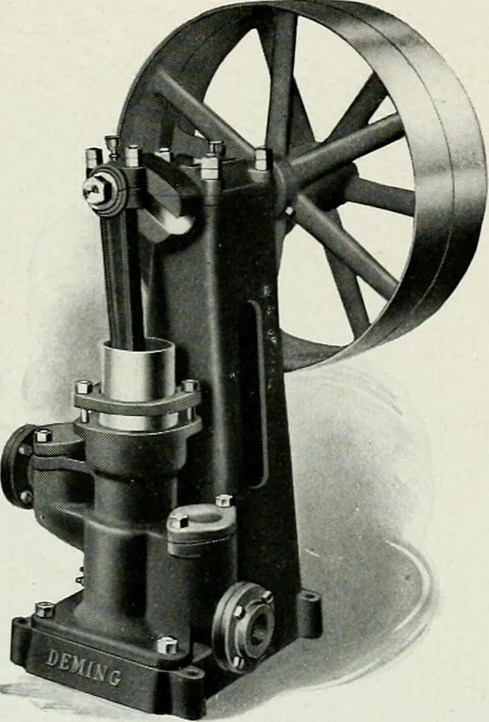 An illustration from Pumping machinery : for operation by any power : single and double acting triplex pumps for various services, deep well power working heads, artesian well cylinders, rotary and centrifugal pumps manufactured by the Deming Company, Salem, Ohio, U.S.A, 1915, leaf 141