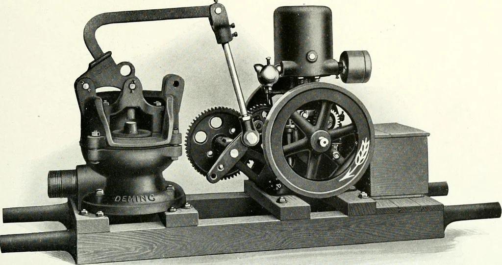 An illustration from Pumping machinery : for operation by any power : single and double acting triplex pumps for various services, deep well power working heads, artesian well cylinders, rotary and centrifugal pumps manufactured by the Deming Company, Salem, Ohio, U.S.A, 1915, leaf 142