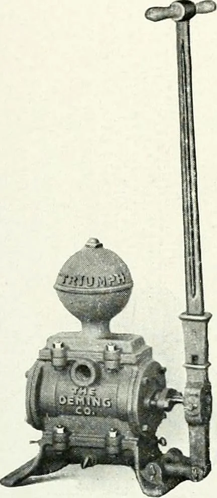 An illustration from Pumping machinery : for operation by any power : single and double acting triplex pumps for various services, deep well power working heads, artesian well cylinders, rotary and centrifugal pumps manufactured by the Deming Company, Salem, Ohio, U.S.A, 1915, leaf 144