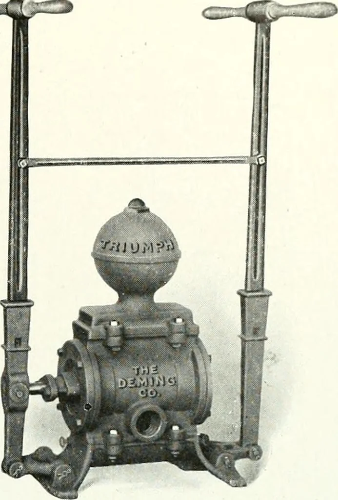 An illustration from Pumping machinery : for operation by any power : single and double acting triplex pumps for various services, deep well power working heads, artesian well cylinders, rotary and centrifugal pumps manufactured by the Deming Company, Salem, Ohio, U.S.A, 1915, leaf 144
