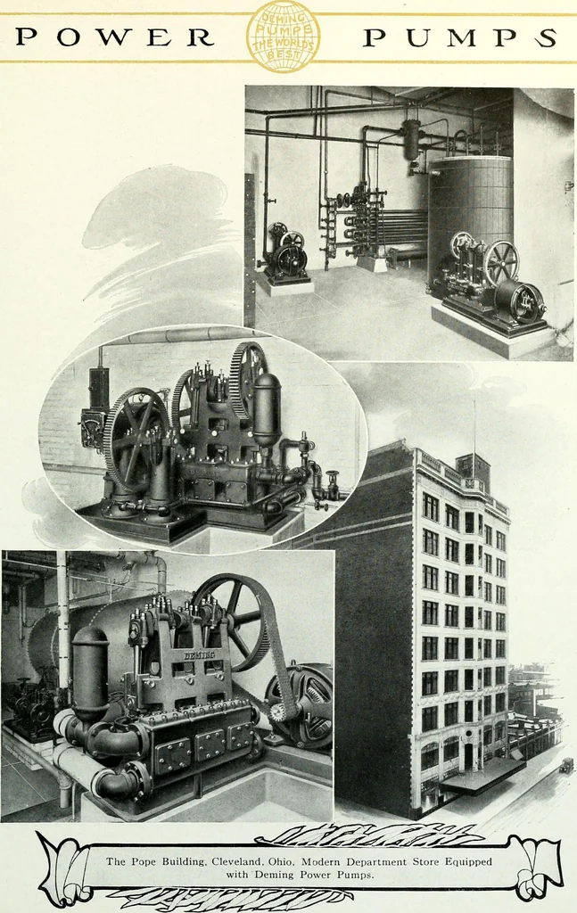 An illustration from Pumping machinery : for operation by any power : single and double acting triplex pumps for various services, deep well power working heads, artesian well cylinders, rotary and centrifugal pumps manufactured by the Deming Company, Salem, Ohio, U.S.A, 1915, leaf 160