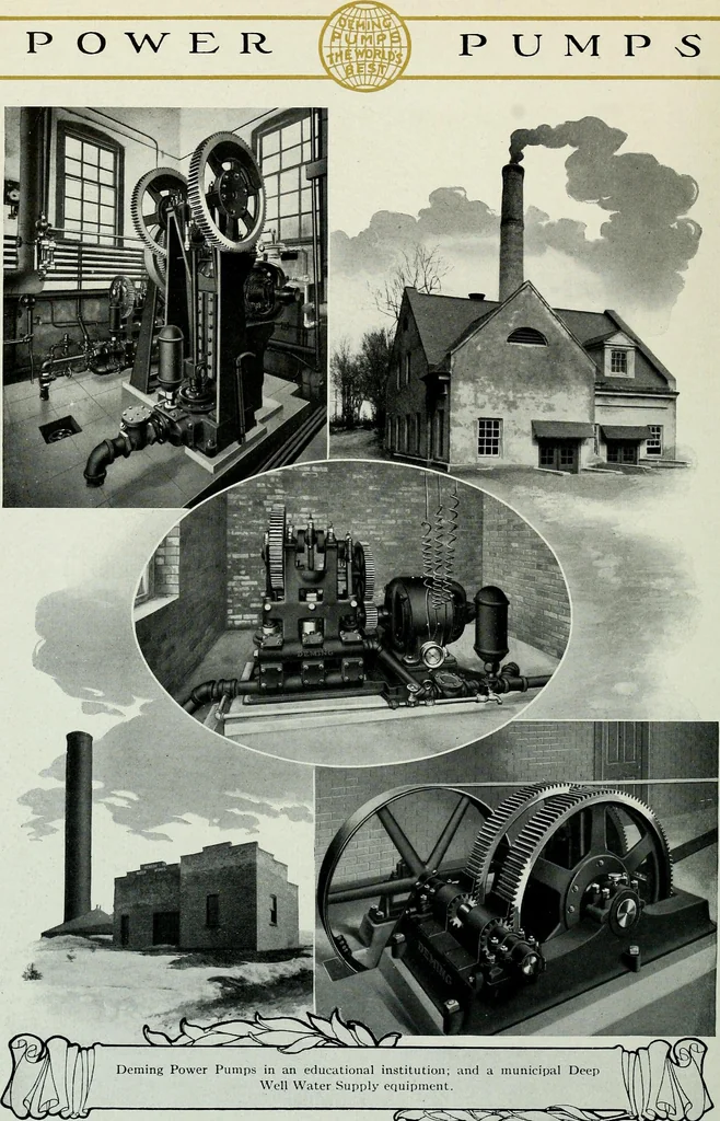 An illustration from Pumping machinery : for operation by any power : single and double acting triplex pumps for various services, deep well power working heads, artesian well cylinders, rotary and centrifugal pumps manufactured by the Deming Company, Salem, Ohio, U.S.A, 1915, leaf 161