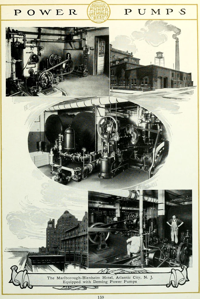 An illustration from Pumping machinery : for operation by any power : single and double acting triplex pumps for various services, deep well power working heads, artesian well cylinders, rotary and centrifugal pumps manufactured by the Deming Company, Salem, Ohio, U.S.A, 1915, leaf 162