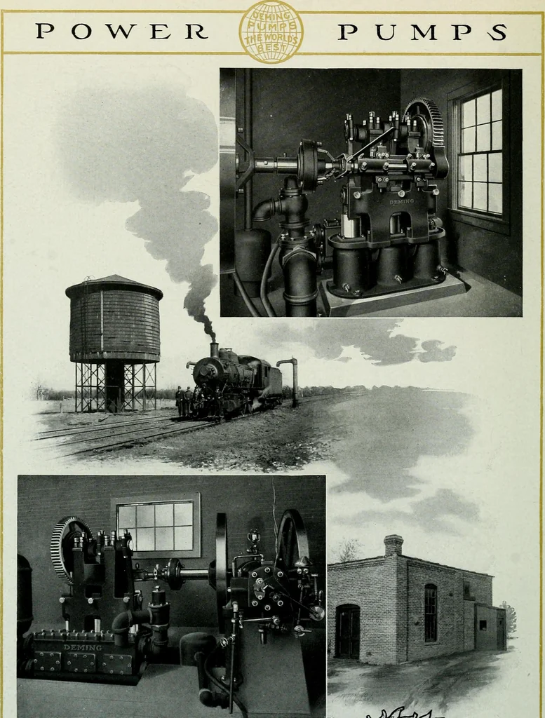 An illustration from Pumping machinery : for operation by any power : single and double acting triplex pumps for various services, deep well power working heads, artesian well cylinders, rotary and centrifugal pumps manufactured by the Deming Company, Salem, Ohio, U.S.A, 1915, leaf 163