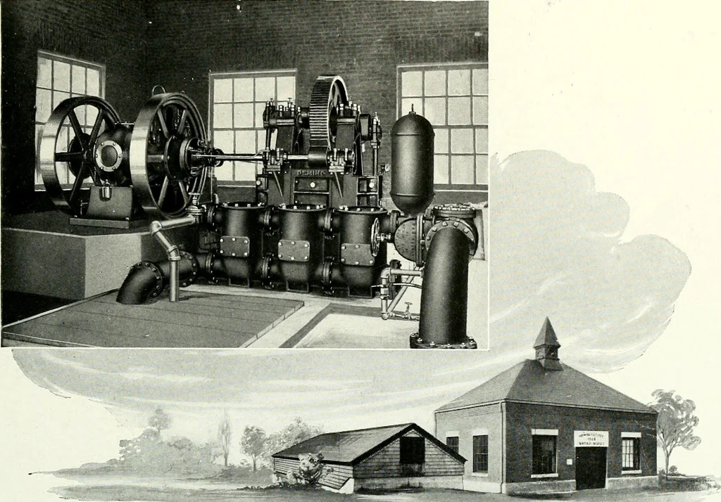 An illustration from Pumping machinery : for operation by any power : single and double acting triplex pumps for various services, deep well power working heads, artesian well cylinders, rotary and centrifugal pumps manufactured by the Deming Company, Salem, Ohio, U.S.A, 1915, leaf 164