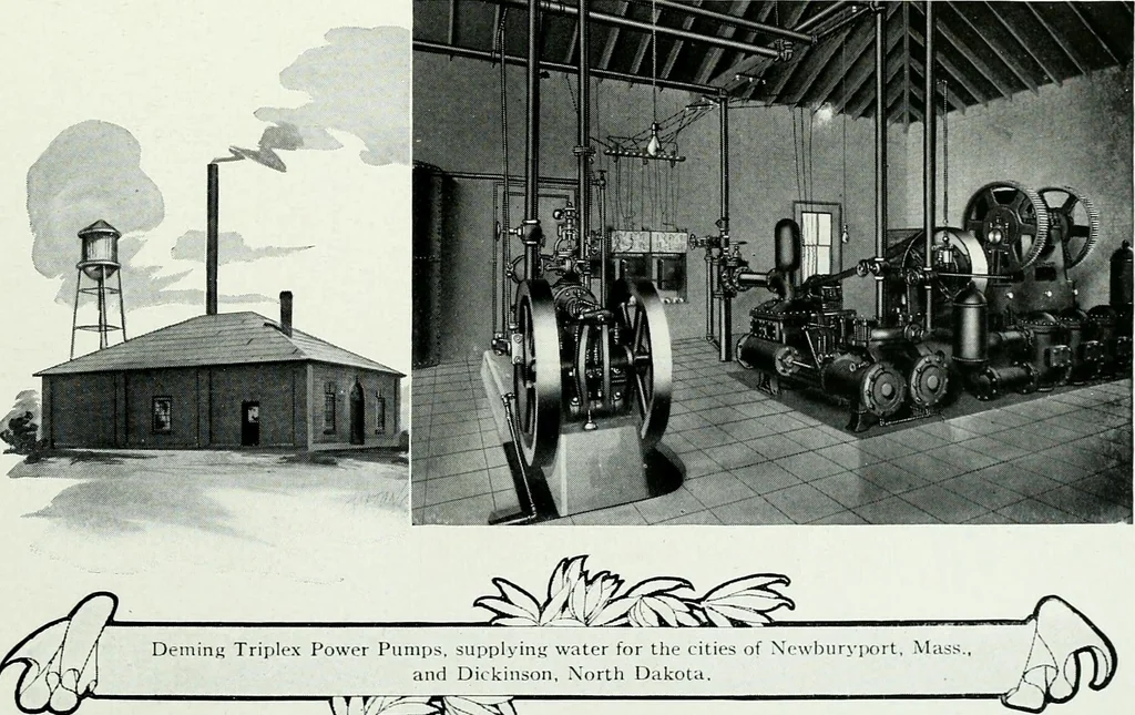 An illustration from Pumping machinery : for operation by any power : single and double acting triplex pumps for various services, deep well power working heads, artesian well cylinders, rotary and centrifugal pumps manufactured by the Deming Company, Salem, Ohio, U.S.A, 1915, leaf 164