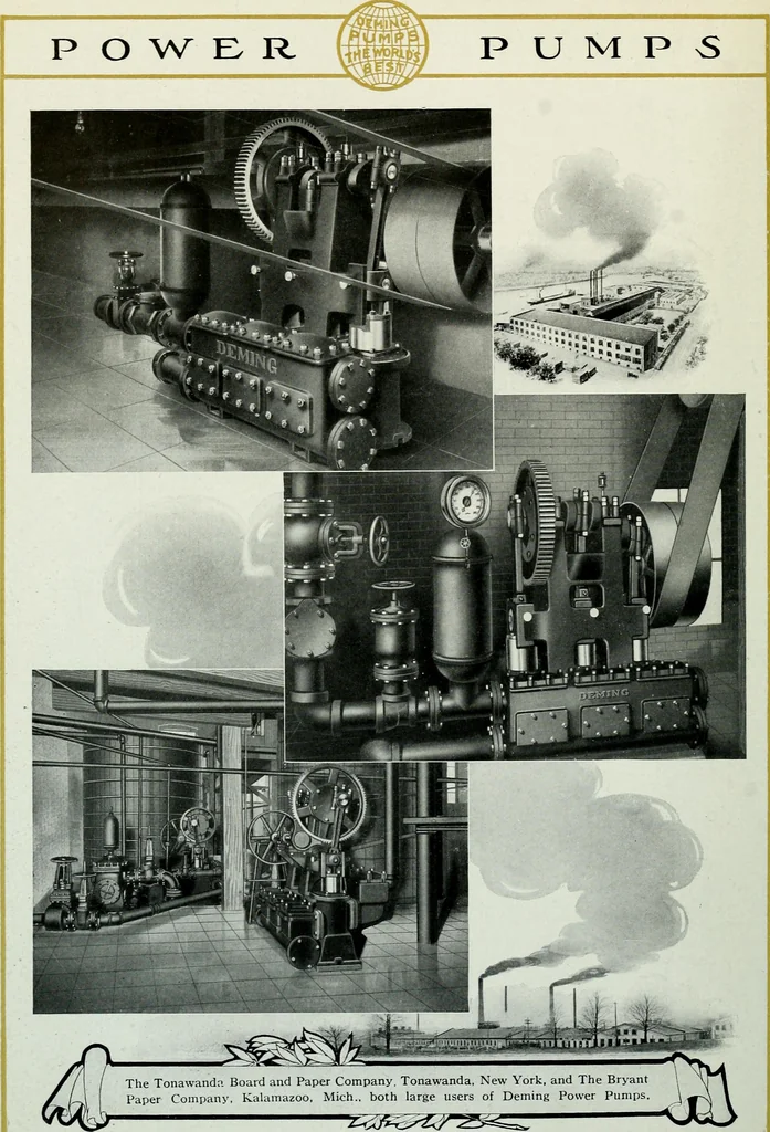 An illustration from Pumping machinery : for operation by any power : single and double acting triplex pumps for various services, deep well power working heads, artesian well cylinders, rotary and centrifugal pumps manufactured by the Deming Company, Salem, Ohio, U.S.A, 1915, leaf 165