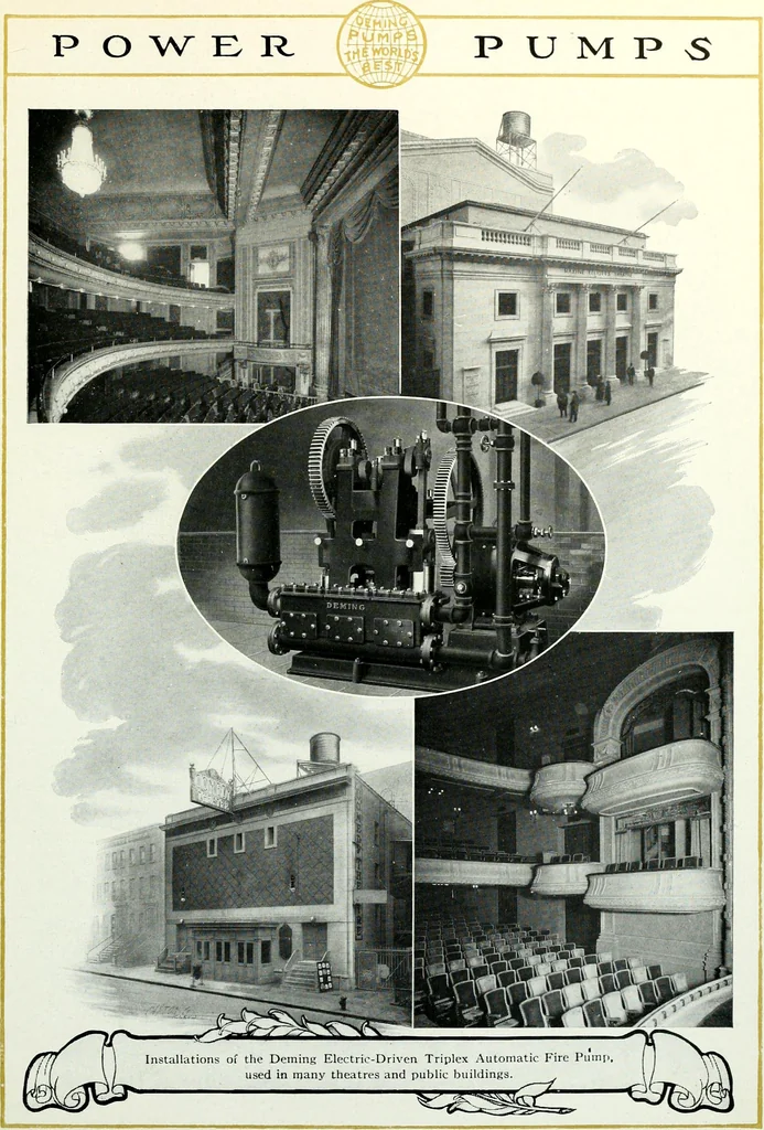 An illustration from Pumping machinery : for operation by any power : single and double acting triplex pumps for various services, deep well power working heads, artesian well cylinders, rotary and centrifugal pumps manufactured by the Deming Company, Salem, Ohio, U.S.A, 1915, leaf 168