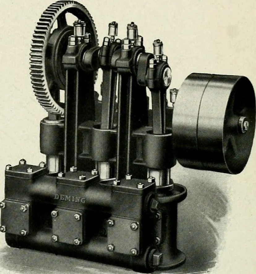 An illustration from Pumping machinery : for operation by any power : single and double acting triplex pumps for various services, deep well power working heads, artesian well cylinders, rotary and centrifugal pumps manufactured by the Deming Company, Salem, Ohio, U.S.A, 1915, leaf 17