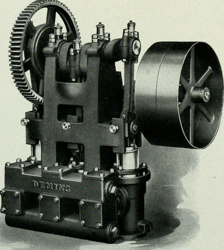 An illustration from Pumping machinery : for operation by any power : single and double acting triplex pumps for various services, deep well power working heads, artesian well cylinders, rotary and centrifugal pumps manufactured by the Deming Company, Salem, Ohio, U.S.A, 1915, leaf 17