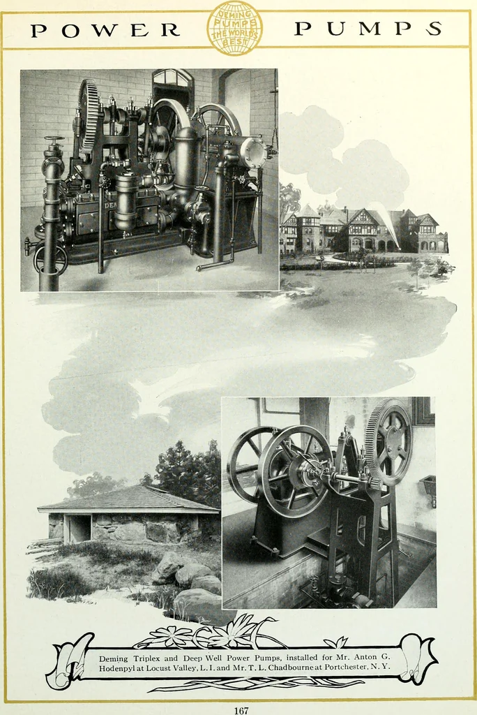 An illustration from Pumping machinery : for operation by any power : single and double acting triplex pumps for various services, deep well power working heads, artesian well cylinders, rotary and centrifugal pumps manufactured by the Deming Company, Salem, Ohio, U.S.A, 1915, leaf 170
