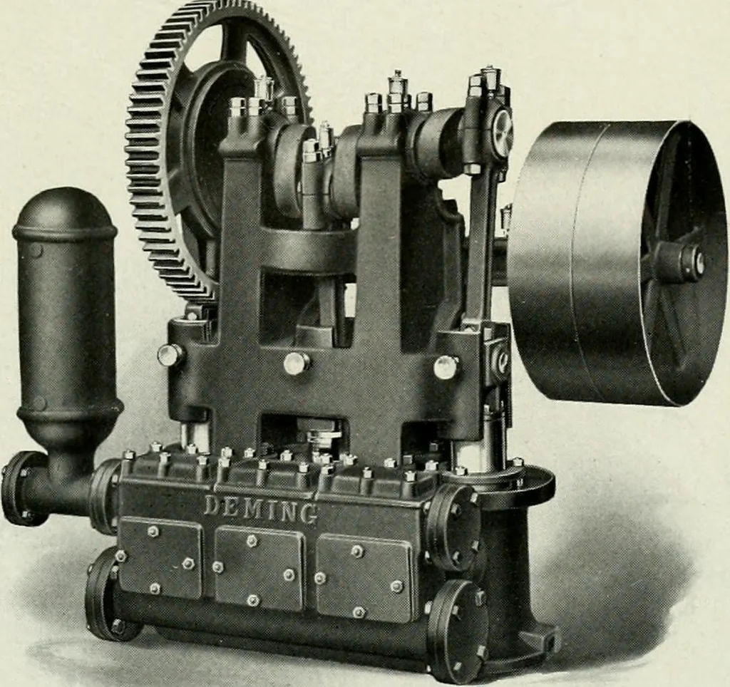 An illustration from Pumping machinery : for operation by any power : single and double acting triplex pumps for various services, deep well power working heads, artesian well cylinders, rotary and centrifugal pumps manufactured by the Deming Company, Salem, Ohio, U.S.A, 1915, leaf 19