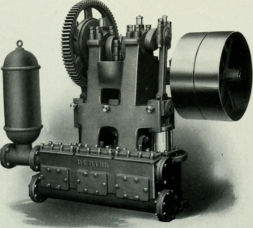 An illustration from Pumping machinery : for operation by any power : single and double acting triplex pumps for various services, deep well power working heads, artesian well cylinders, rotary and centrifugal pumps manufactured by the Deming Company, Salem, Ohio, U.S.A, 1915, leaf 19